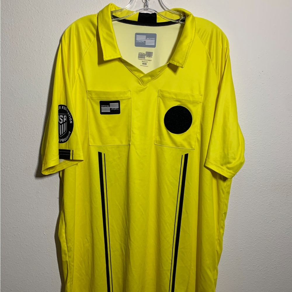 Official Sports Yellow Referee Jersey with Black Stripes and Patches U.S. Soccer